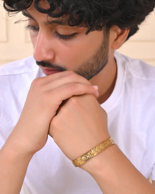 VOJ Stainless Steel Men's Gold Polished Textured Bracelet VOJ (Valley Of Jewellery)