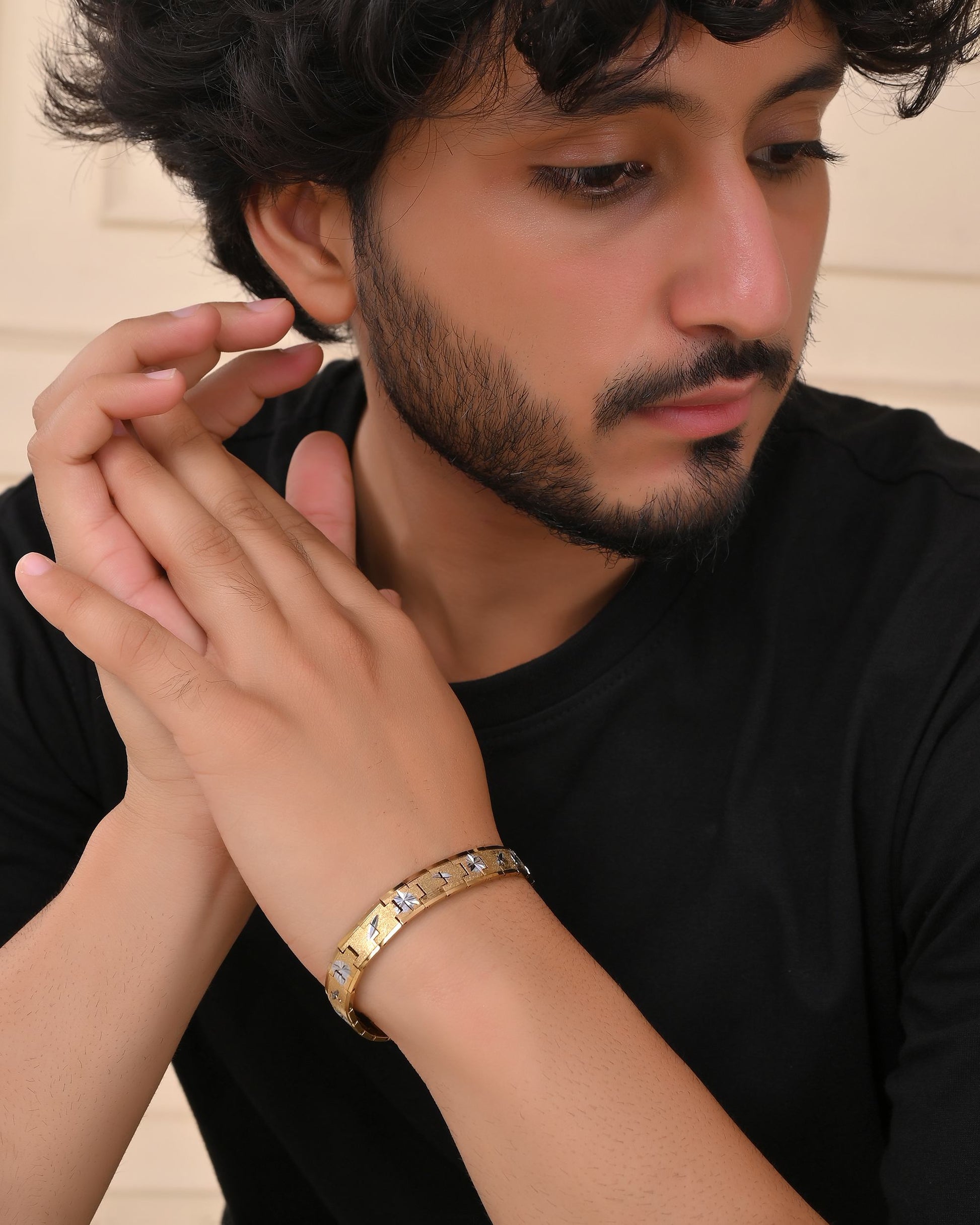 VOJ Gold And Silver Polished Textured Bracelet For Men VOJ (Valley Of Jewellery)