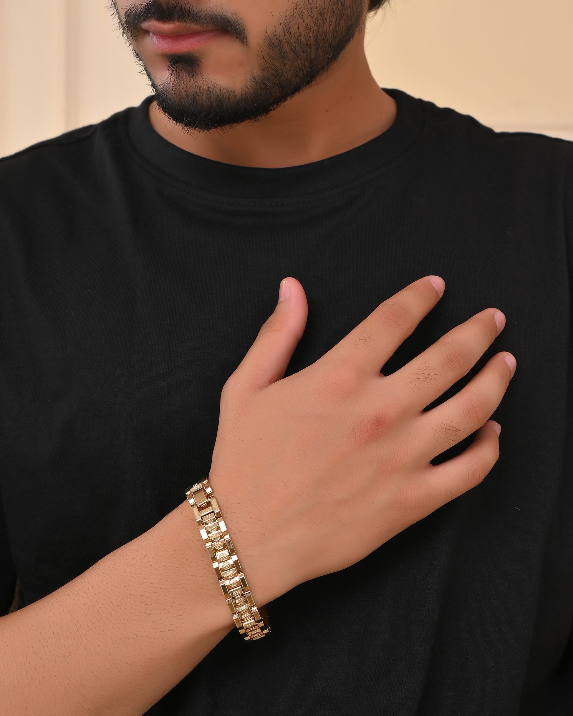 VOJ Men's Gold-Toned Textured Tungsten Steel Magnetic Bracelet VOJ (Valley Of Jewellery)