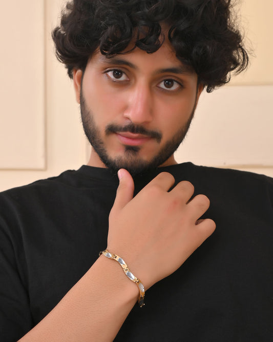 VOJ Men Gold Polished & Silver-Toned Exquisite Waved Linked Bracelet VOJ (Valley Of Jewellery)