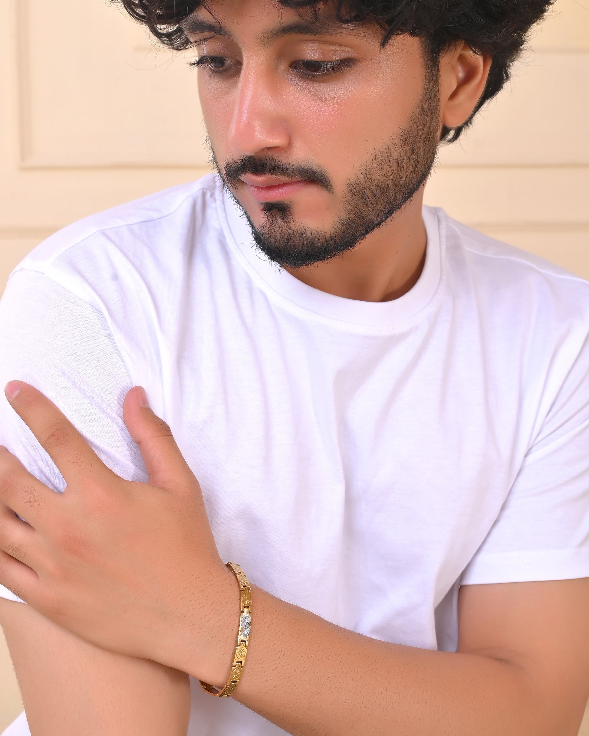 VOJ Gold And Silver Toned Stainless Steel Textural Bracelet For Men VOJ (Valley Of Jewellery)