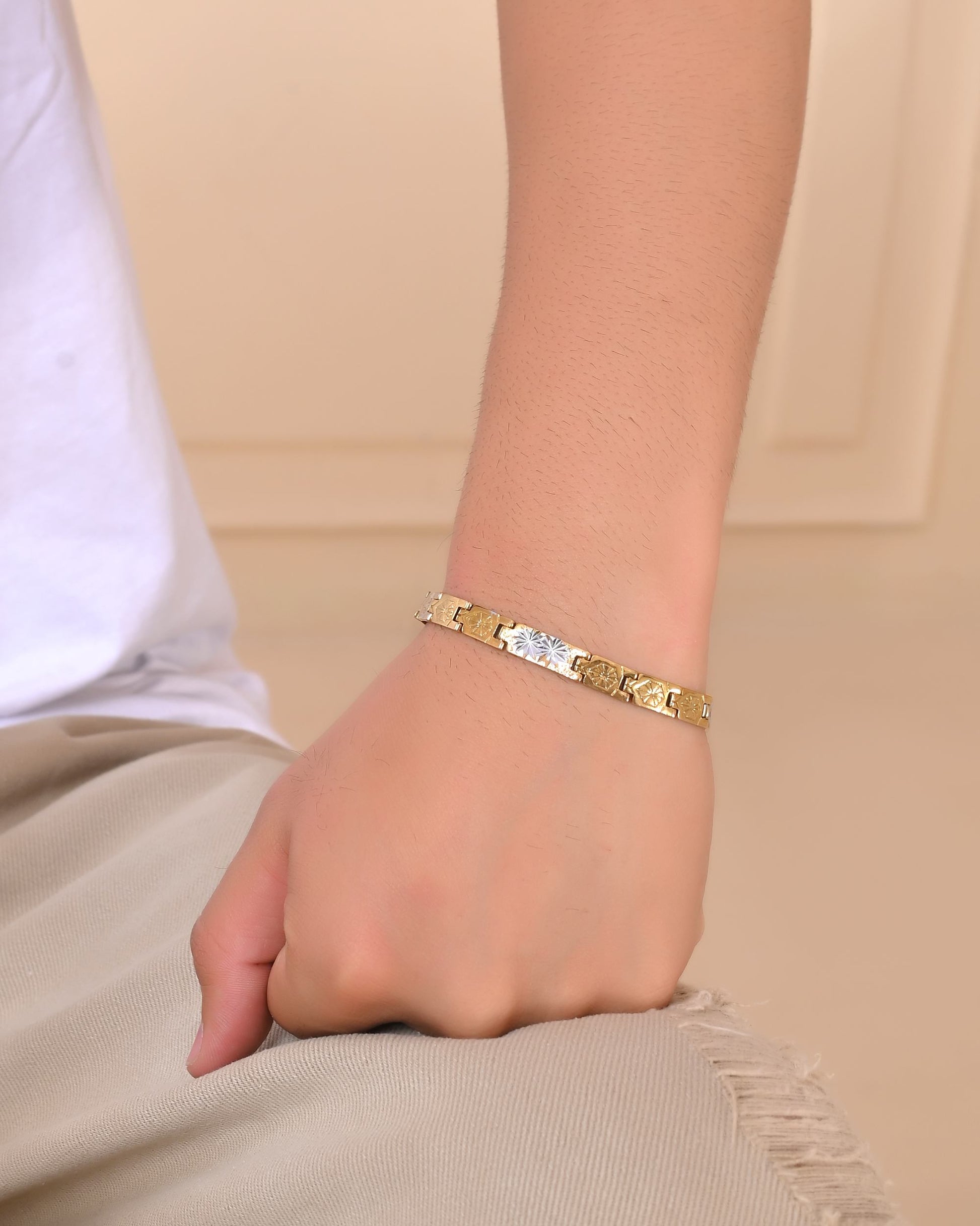 VOJ Gold And Silver Toned Stainless Steel Textural Bracelet For Men VOJ (Valley Of Jewellery)