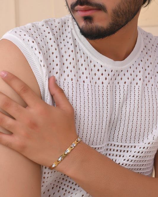 VOJ Gold And Silver Toned Stainless Steel Textural Linked Bracelet For Men VOJ (Valley Of Jewellery)