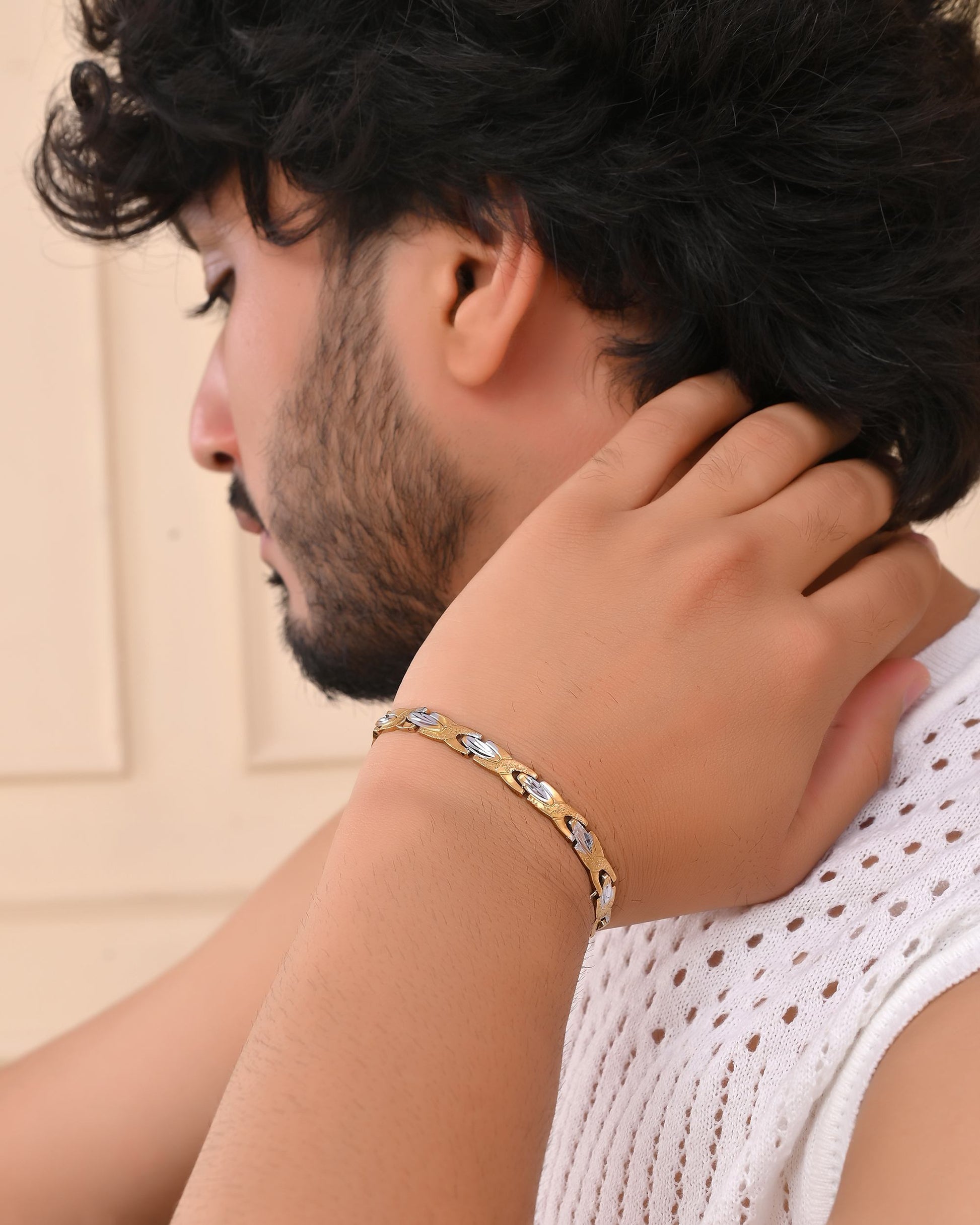 VOJ Gold And Silver Toned Stainless Steel Textural Linked Bracelet For Men VOJ (Valley Of Jewellery)