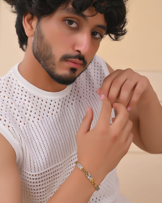 VOJ Gold And Silver Toned Stainless Steel Dolor Sign Bracelet For Men VOJ (Valley Of Jewellery)