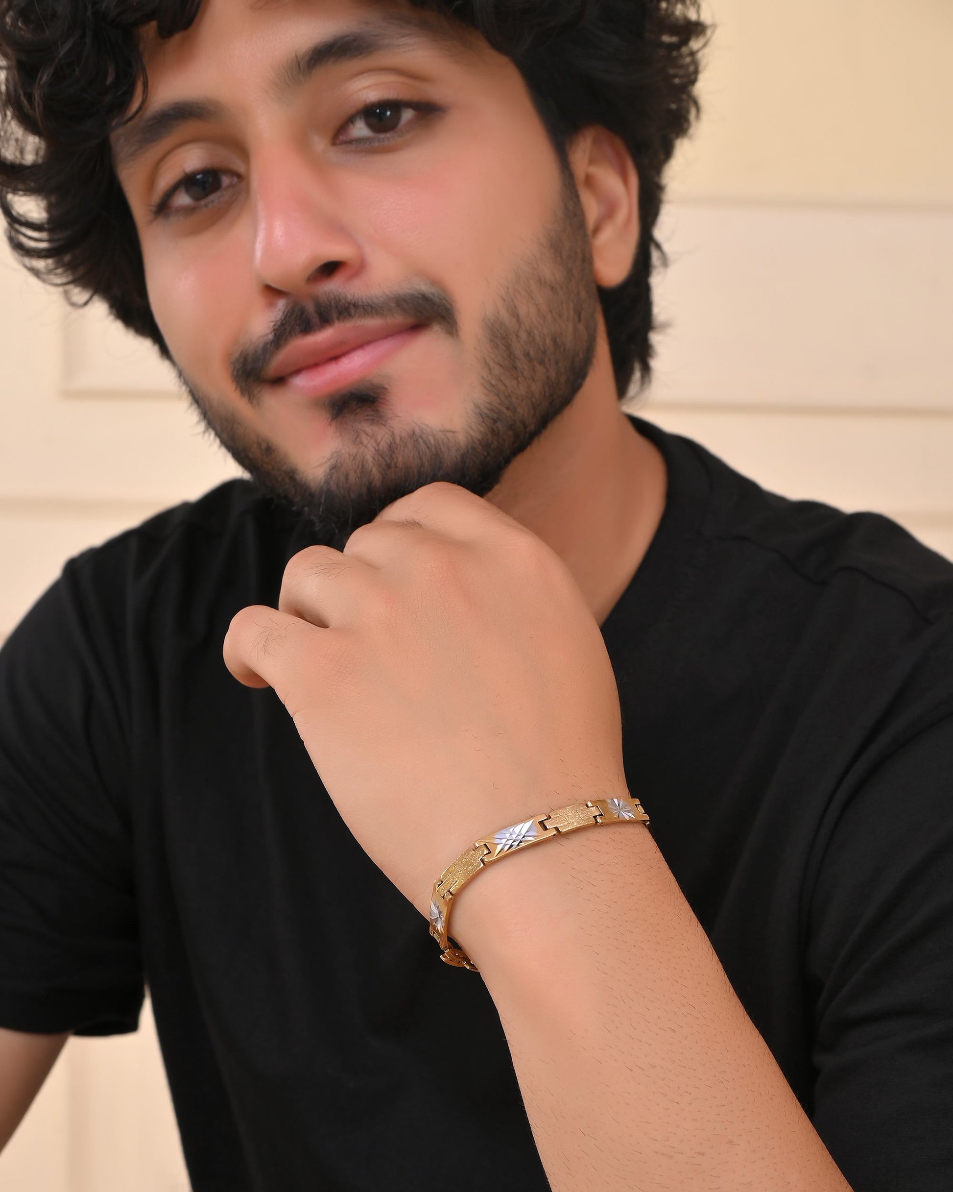 VOJ Gold And Silver Toned Stainless Steel Textural Designer Bracelet For Men VOJ (Valley Of Jewellery)