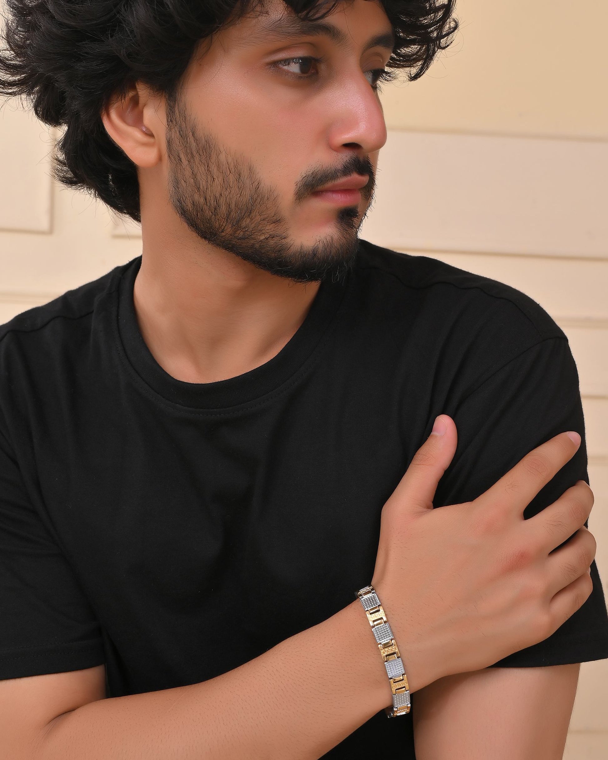 VOJ Men Dual-Toned Stainless Steel Textured Chain Bracelet VOJ (Valley Of Jewellery)