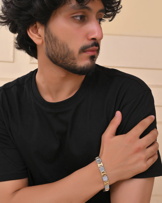 VOJ Men Dual-Toned Stainless Steel Textured Chain Bracelet VOJ (Valley Of Jewellery)