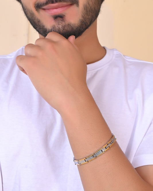 VOJ Men Double-Toned Stainless Steel Linked Chain Bracelet VOJ (Valley Of Jewellery)