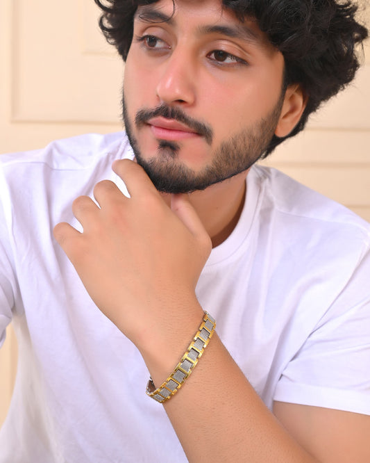 VOJ Silver And Gold Polished Stylish Geometrical Shaped Men's Bracelet VOJ (Valley Of Jewellery)