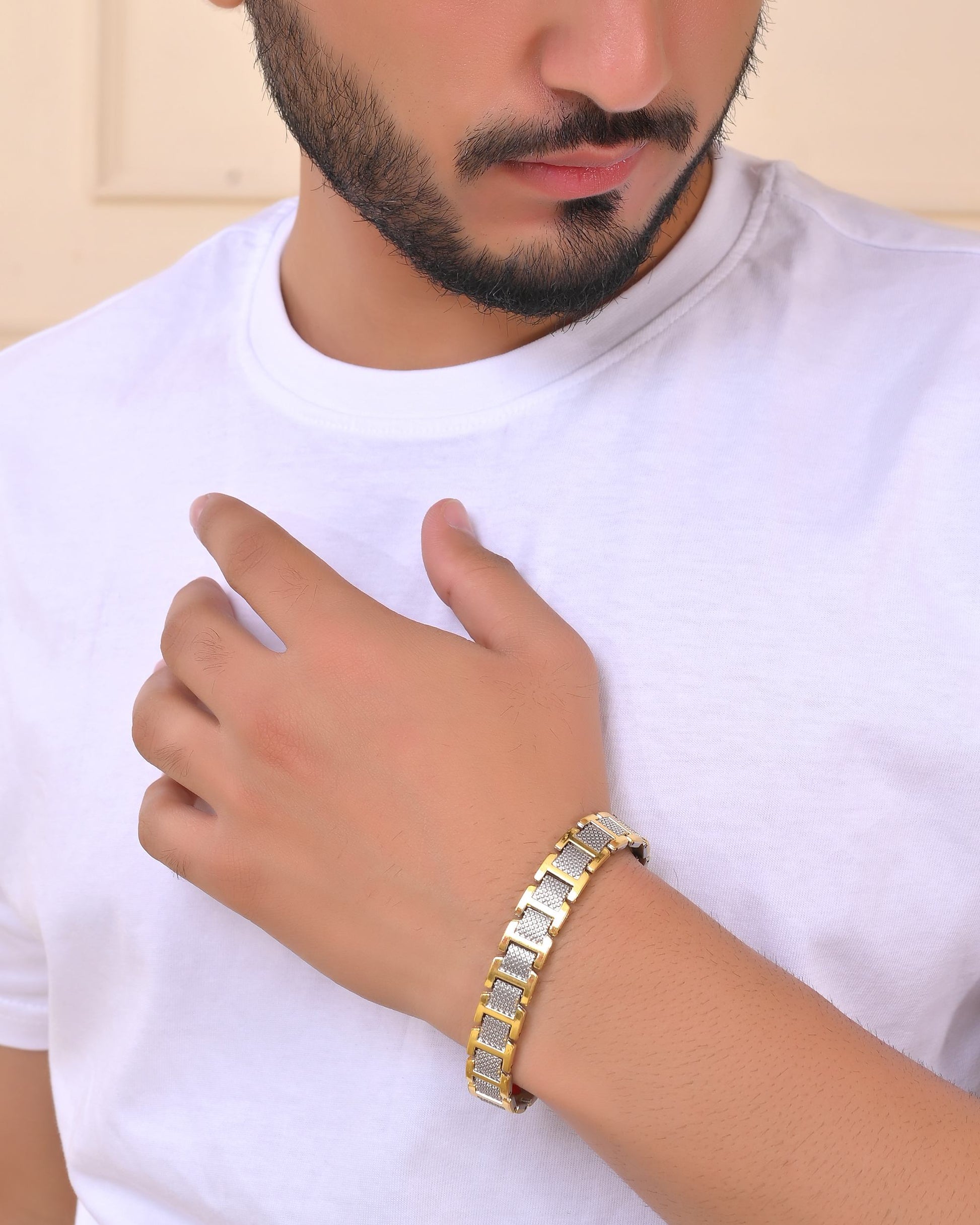 VOJ Silver And Gold Polished Stylish Geometrical Shaped Men's Bracelet VOJ (Valley Of Jewellery)