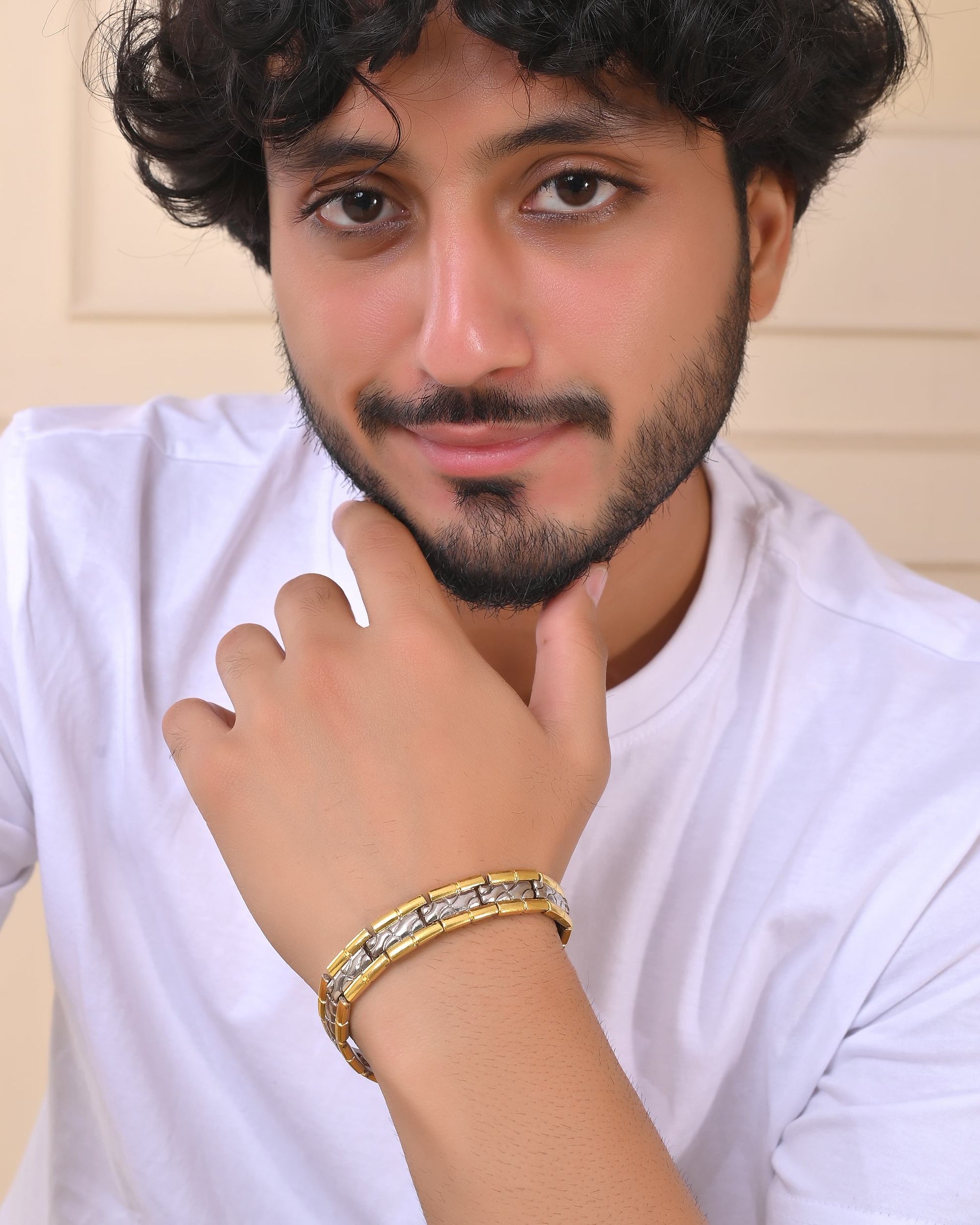 VOJ Silver And Gold Polished Textural Designed Linked Shaped Men's Bracelet VOJ (Valley Of Jewellery)