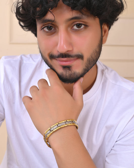 VOJ Silver And Gold Polished Textural Designed Linked Shaped Men's Bracelet VOJ (Valley Of Jewellery)