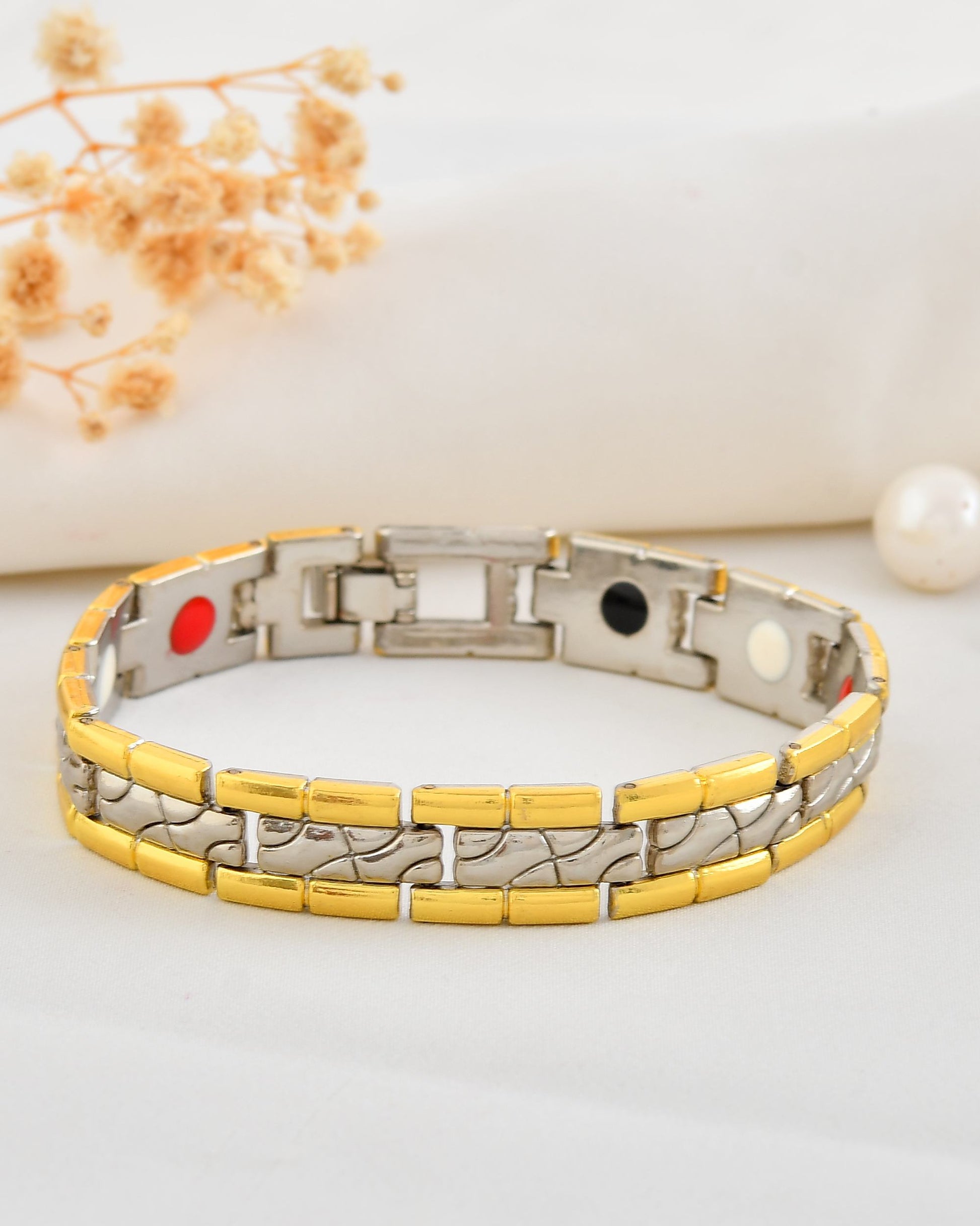 VOJ Silver And Gold Polished Textural Designed Linked Shaped Men's Bracelet VOJ (Valley Of Jewellery)
