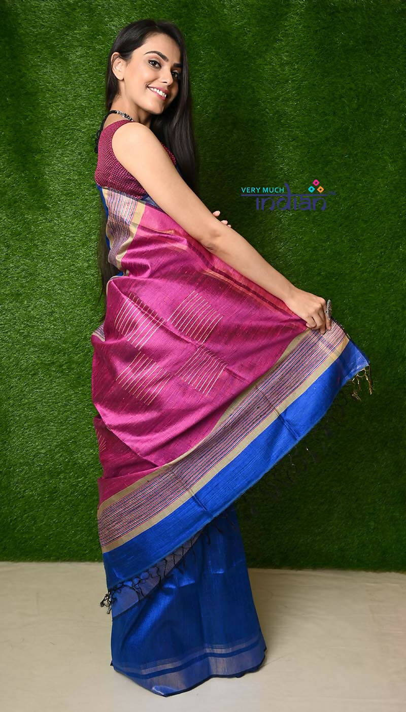 Very Much Indian Handwoven Raw Silk Dupion Grab2Buy - Cobalt Blue With Purple Pallu 