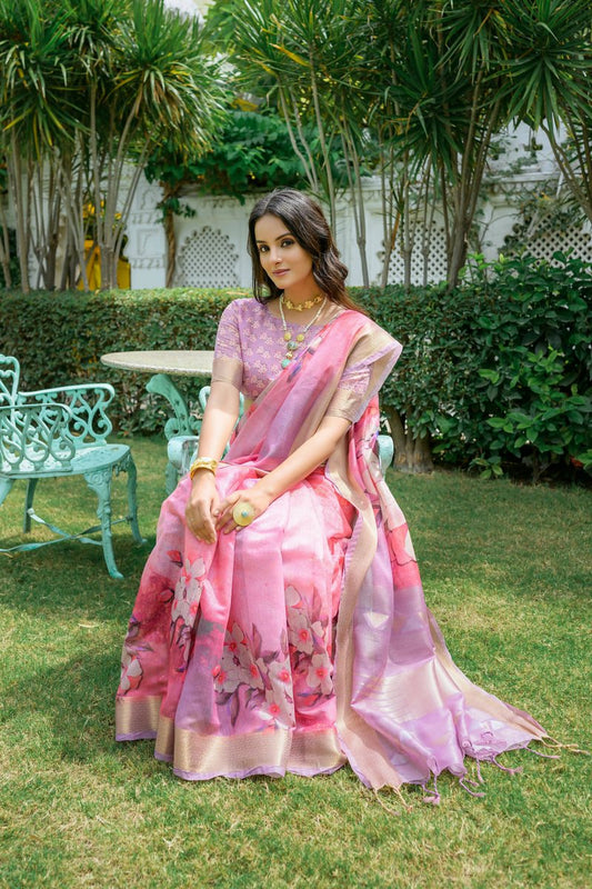 Aastha Fashion Pink Digital Printed Cotton Saree with Blouse - Grab2buy
