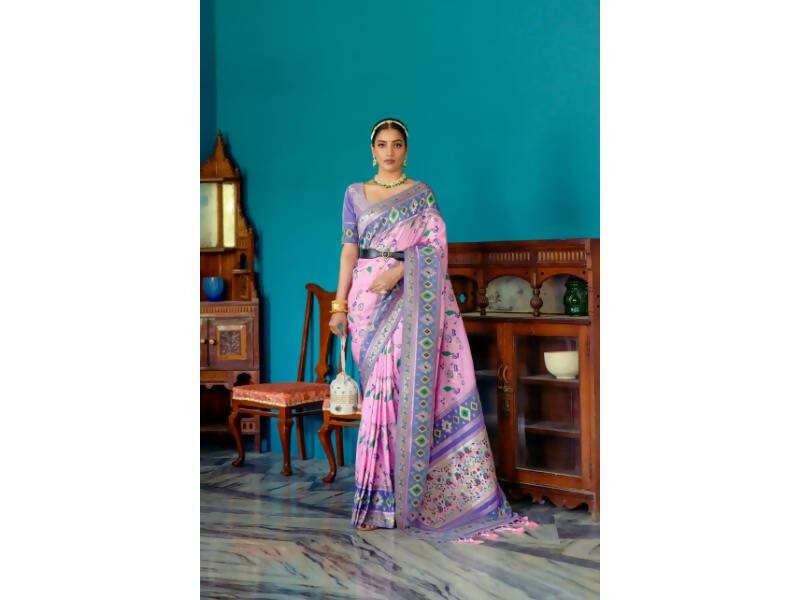 Aastha Fashion Women's Baby Pink Paithani Silk Meenakari Zari Woven Saree with Blouse - Grab2buy