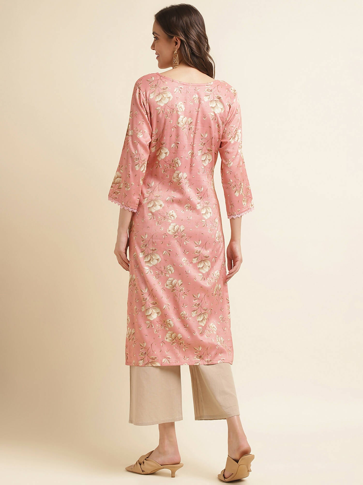 Pink Poly Rayon Floral Printed Straight Kurta - Prasuti