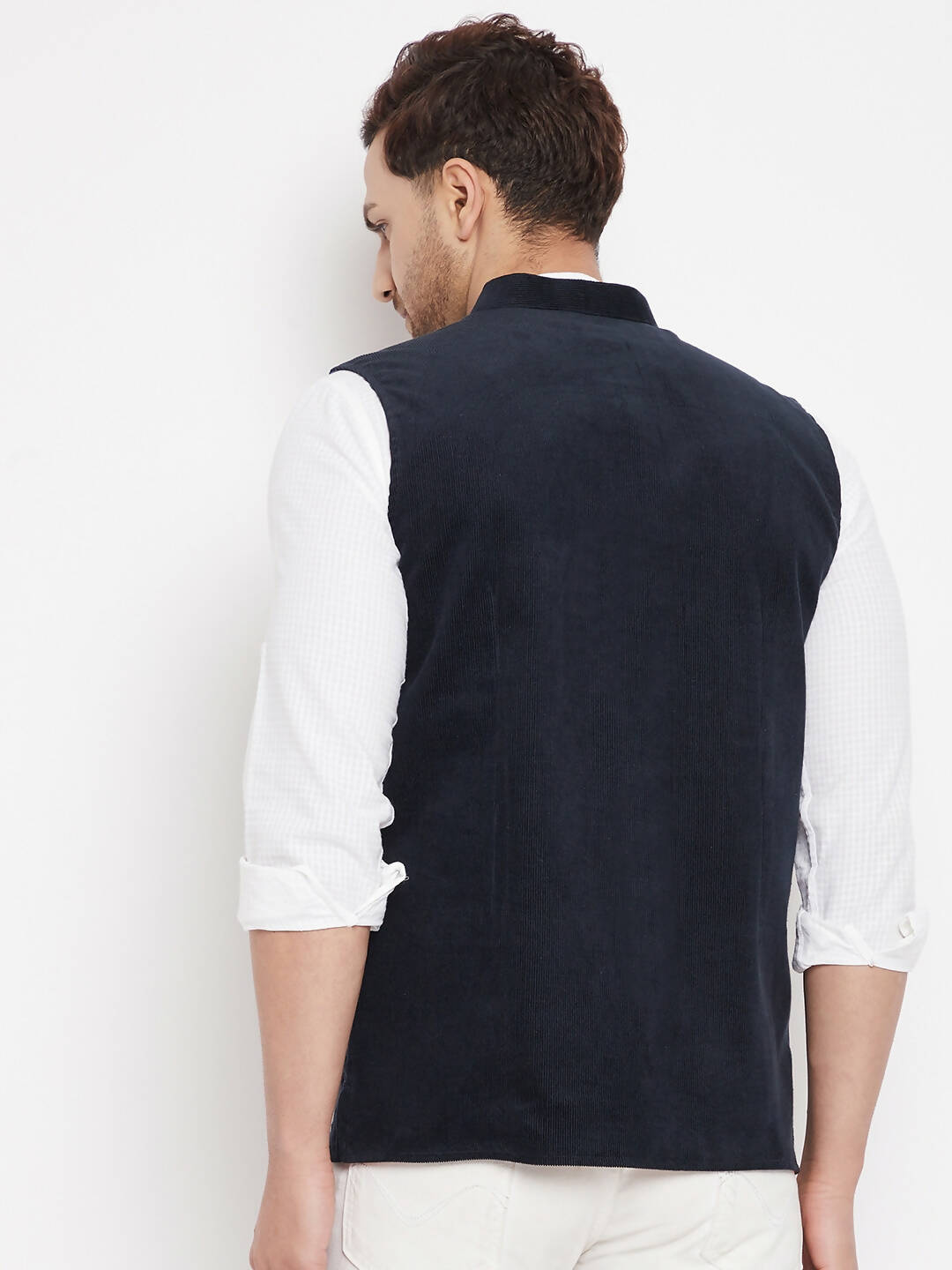 Even Apparels Navy Polyester Men's Nehru Jacket-Contrast Lining-Inbuilt Pocket Square 