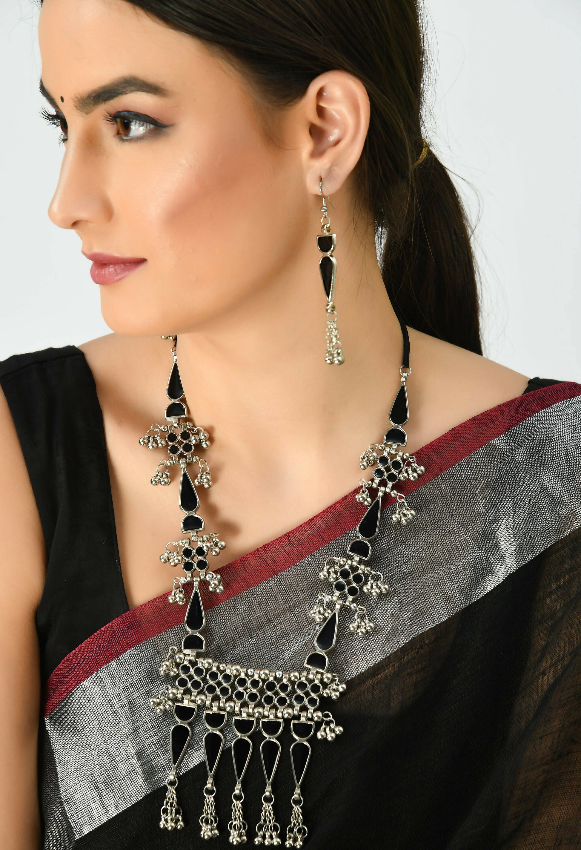 Mominos Fashion Johar Kamal Oxidised Silver-Plated Meenakari Long Necklace Set - Grab2buy