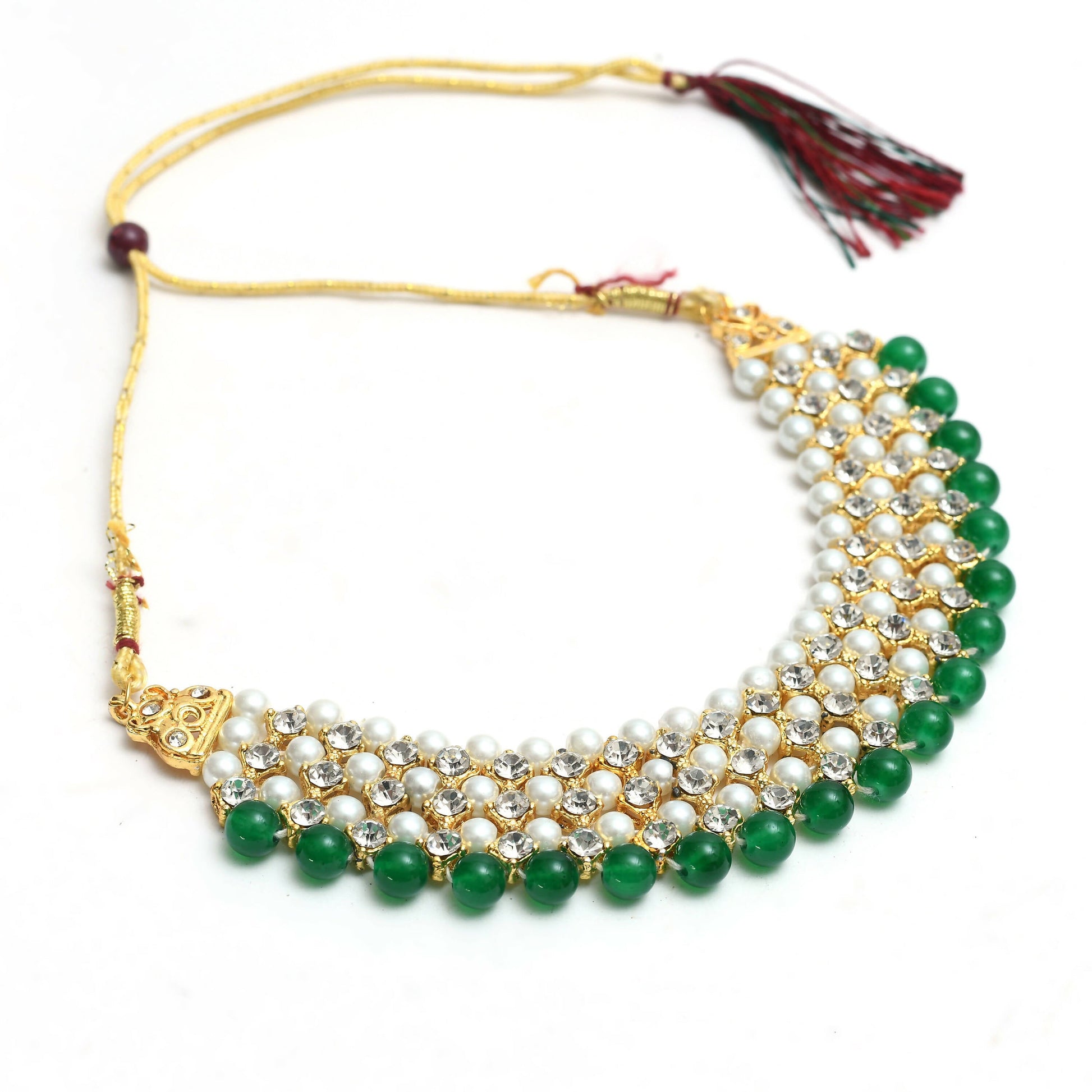 Mominos Fashion Johar Kamal Gold-Plated Rani Haar with Cream Green and Off white Pearls Jewellery Set - Grab2buy