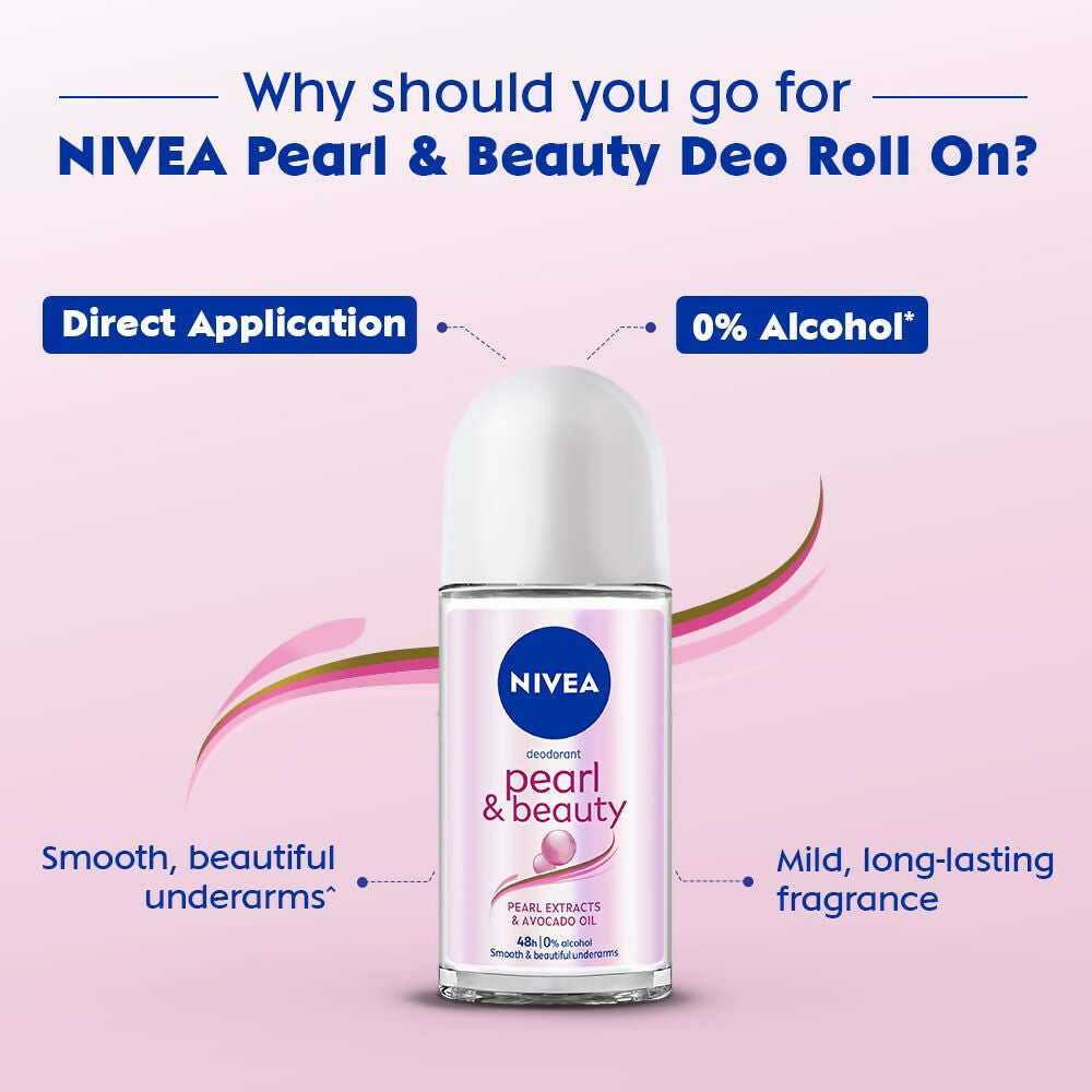 Nivea Pearl and Beauty Deo Roll On With Pearl Extracts & Avocado Oil 48 H Smooth & Beautiful Underarms 0% Alcohol 