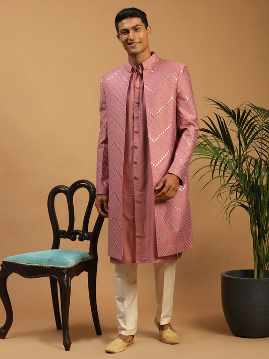 Shrestha By Vastramay Men's Onion Pink And Cream Viscose Sherwani Set - Grab2buy
