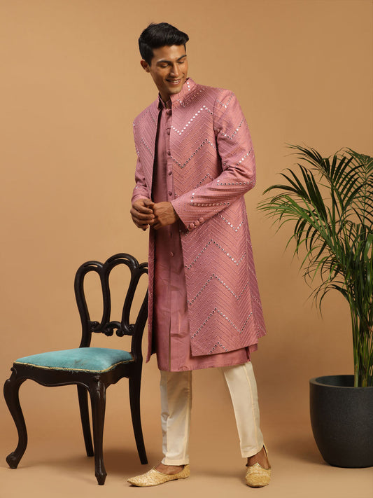 Shrestha By Vastramay Men's Onion Pink And Cream Viscose Sherwani Set - Grab2buy
