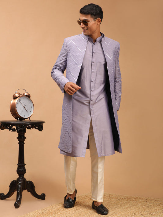 Shrestha By Vastramay Men's Purple And Cream Viscose Sherwani Set - Grab2buy