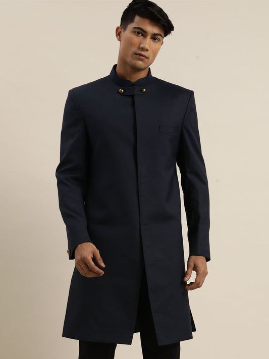 Shrestha By Vastramay Men's Navy Blue Silk Blend Sherwani Only Top - Grab2buy