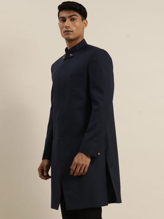 Shrestha By Vastramay Men's Navy Blue Silk Blend Sherwani Only Top - Grab2buy