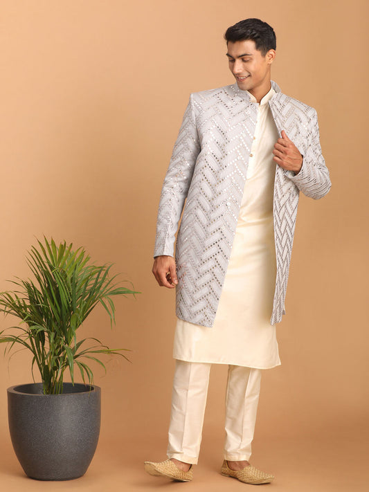 Shrestha by Vastramay Men's Aqua And Cream Silk Blend Ethnic Combo Set - Grab2buy