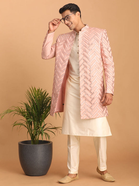 Shrestha by Vastramay Men's Pink And Cream Silk Blend Ethnic Combo Set - Grab2buy