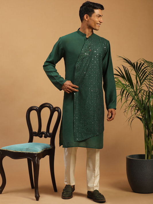 Vastramay Men's Green And Cream Cotton Blend Kurta & Pyjama - Grab2buy