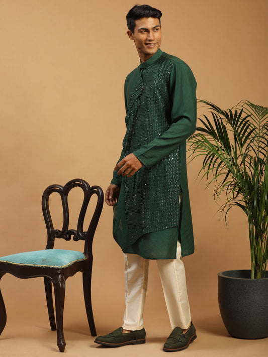 Vastramay Men's Green And Cream Cotton Blend Kurta & Pyjama - Grab2buy