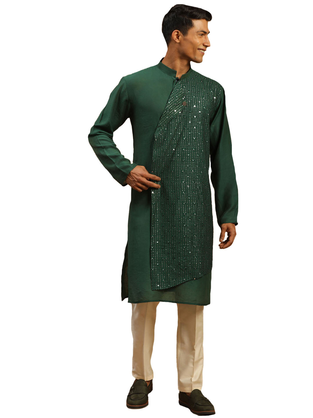 Vastramay Men's Green And Cream Cotton Blend Kurta & Pyjama - Grab2buy