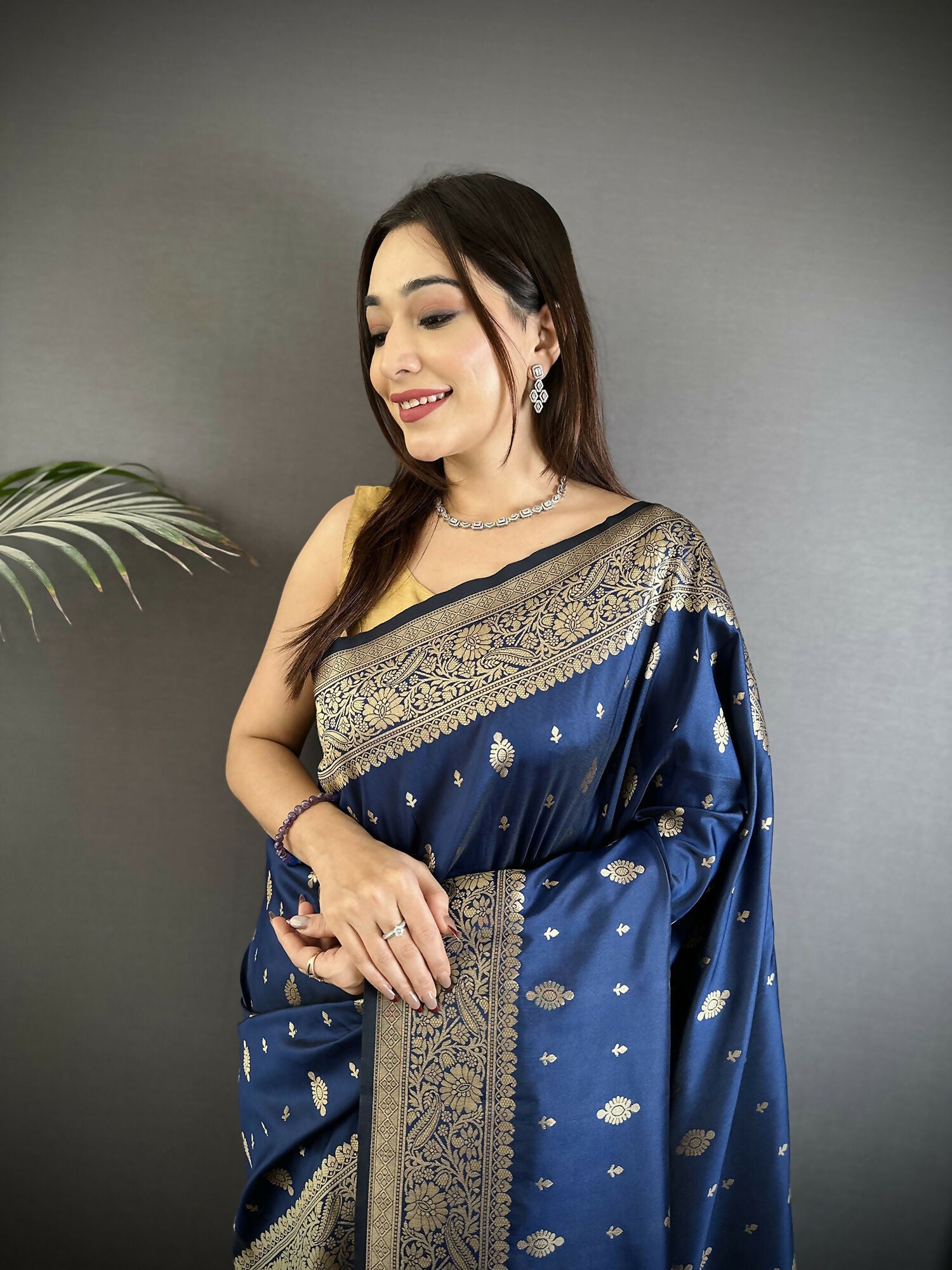 Joban Fashion Navy Blue Zari Weaving Motif Lichi Silk Banarasi Silk Saree