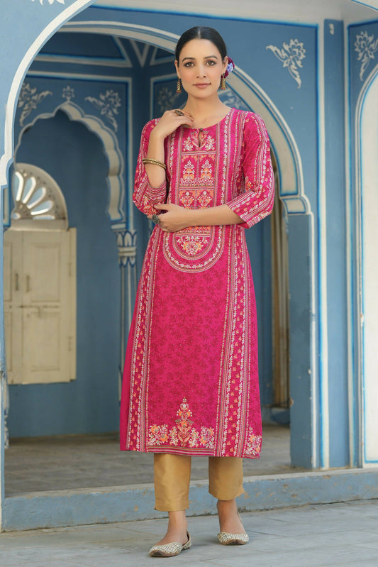 Juniper Women's Fuchsia Rayon Staple Placement Printed A-Line Kurta