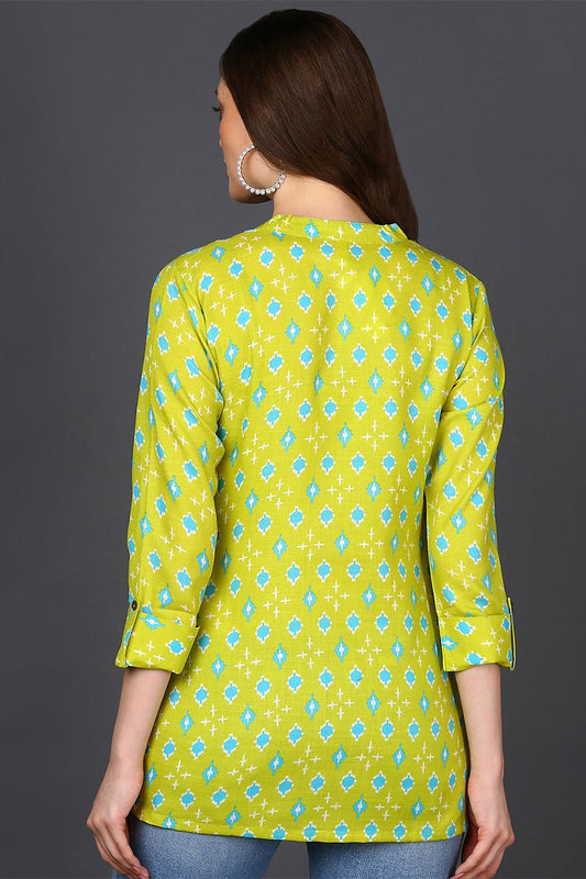 Ahika Lime Green Cotton Blend Geometric Print Straight Tunic