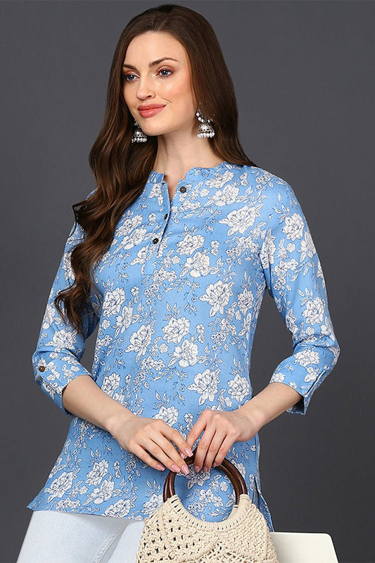 Ahika Light Blue Cotton Blend Floral Printed Straight Tunic