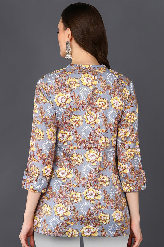 Ahika Grey Floral Cotton Blend Printed Straight Tunic