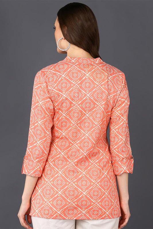 Ahika Peach Cotton Blend Bandhani Printed Straight Tunic