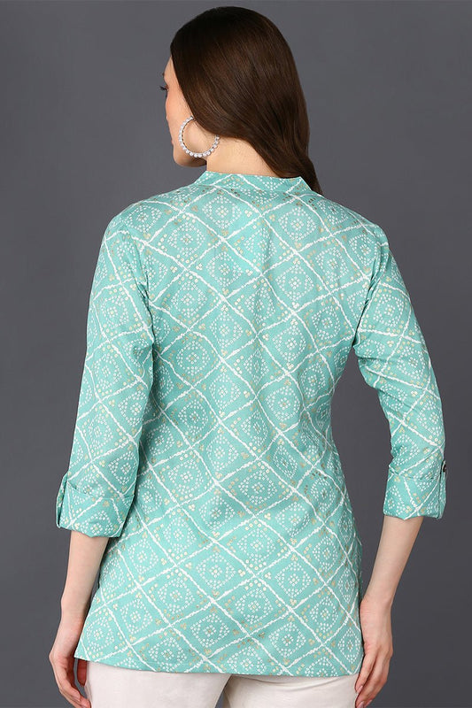 Ahika Mint Green Cotton Blend Bandhani Printed Straight Tunic