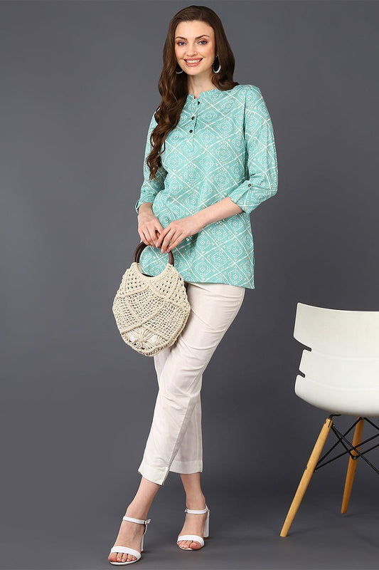 Ahika Mint Green Cotton Blend Bandhani Printed Straight Tunic