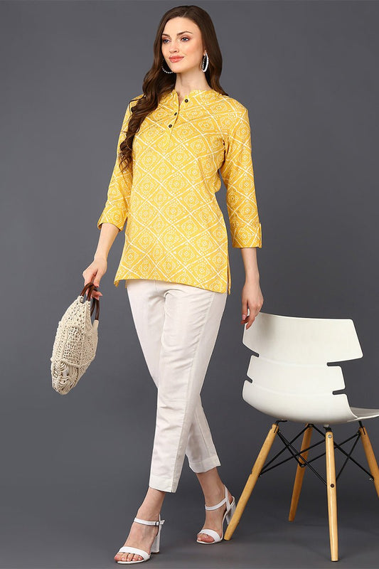 Ahika Yellow Cotton Blend Bandhani Printed Straight Tunic