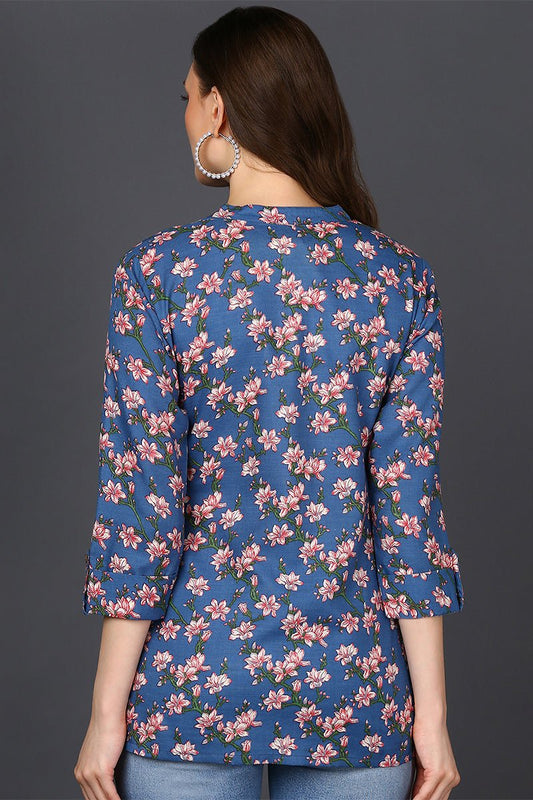 Ahika Blue Cotton Blend Floral Printed Straight Tunic