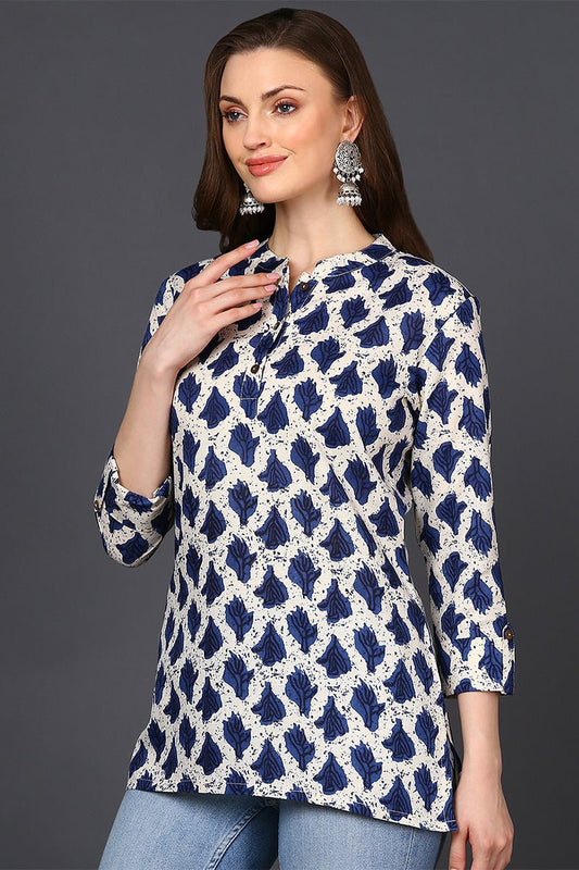 Ahika Off White Cotton Blend Ethnic Motifs Printed Straight Tunic