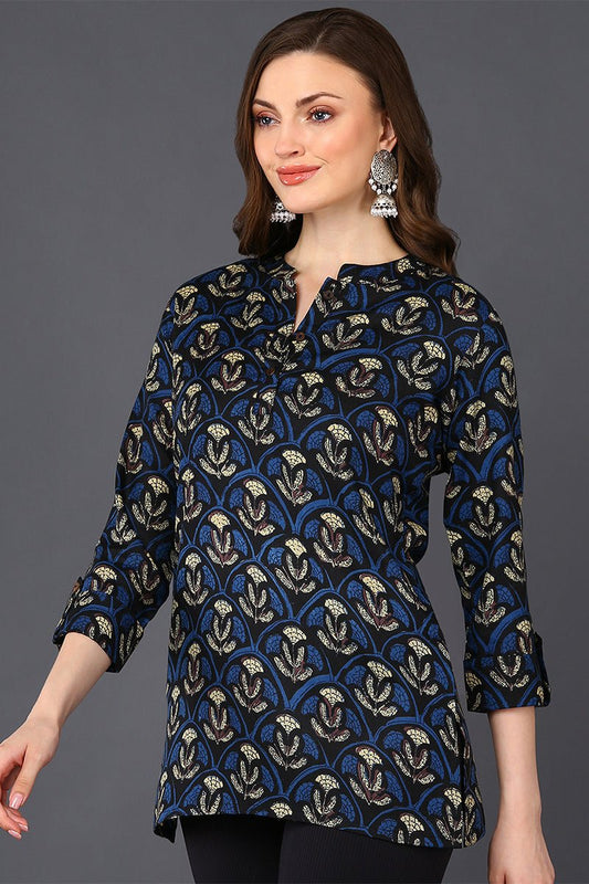 Ahika Black Cotton Blend Ethnic Motifs Printed Straight Tunic