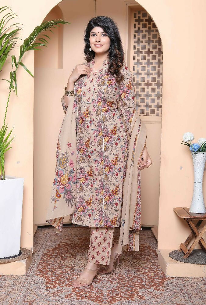 Miravan Womens Multicolor Floral Printed Pure Cotton Kurta And Palazzo With Dupatta Set