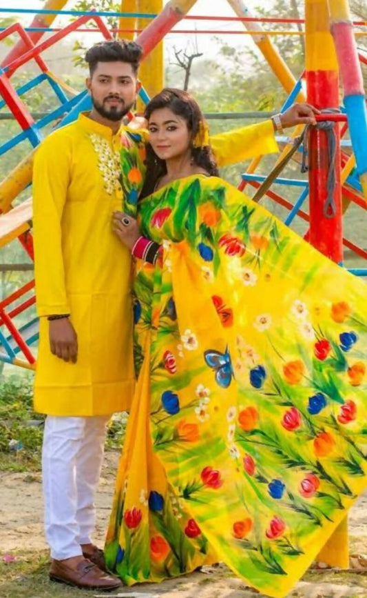 Exclusive Collection Elegant Hand Printing Designe On Pure Cotton Grab2Buy And Men's Kurta - Yellow 